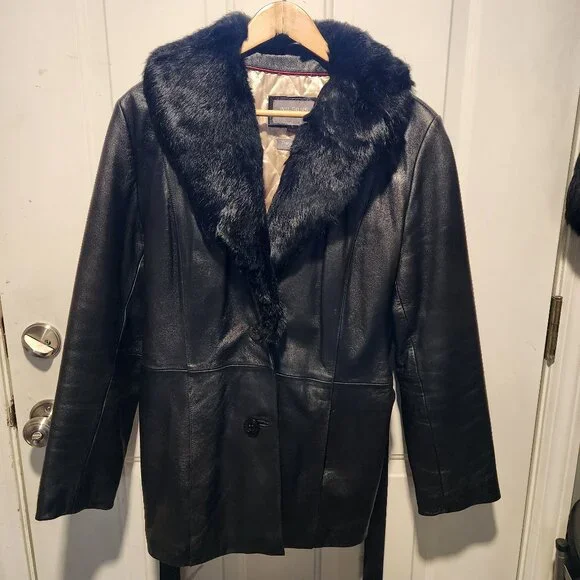 Wilson's Leather Womens Large Black Belted Leather Jacket Rabbit Fur Trim - Picture 1 of 12